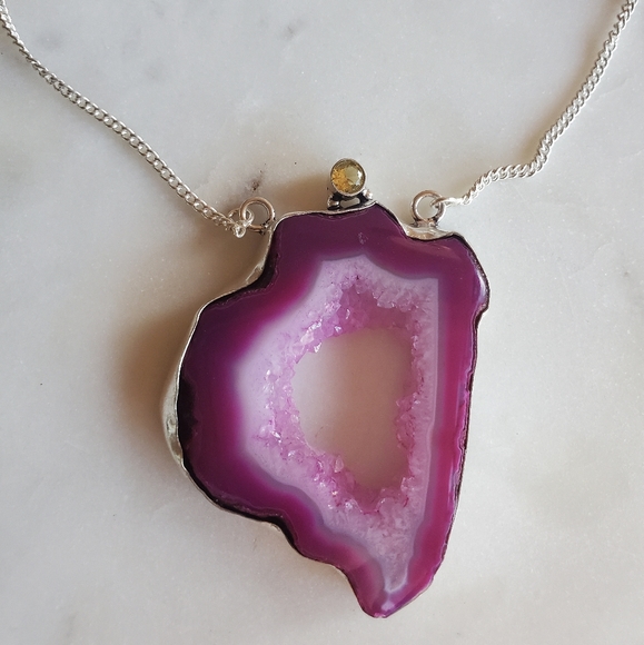 New Pink Agate Druzy & Citrine Silver Necklace. - Picture 10 of 16